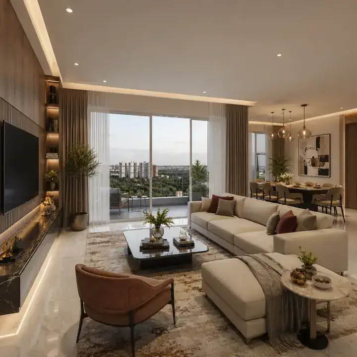 Prestige Forest Edge representative living-dining interior with premium finishes Prestige Forest Edge representative living-dining interior with premium finishes
