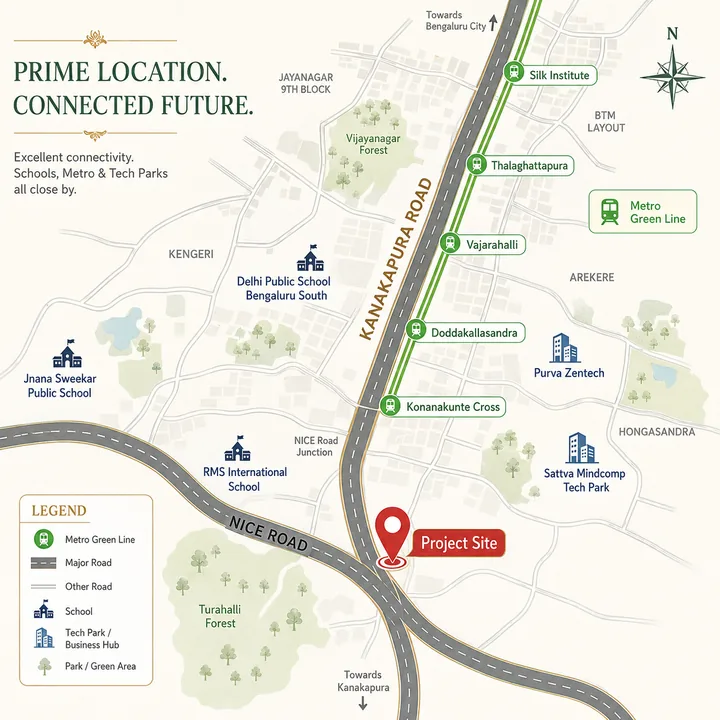 Prestige Forest Edge location map showing Kanakapura Road, NICE Road, the Namma Metro Green Line and nearby landmarks Prestige Forest Edge location map showing Kanakapura Road, NICE Road, the Namma Metro Green Line and nearby landmarks